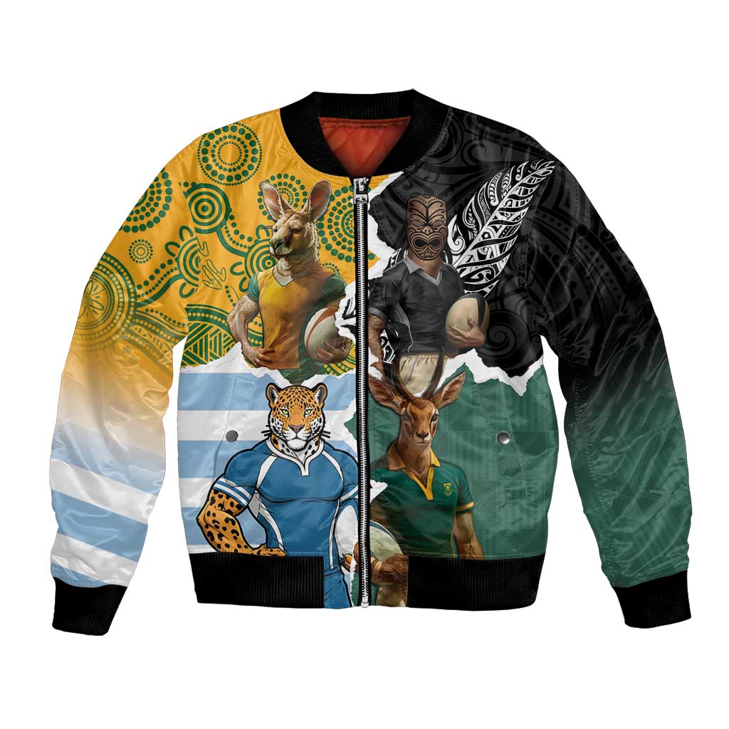 Personalised Rugby 2025 Championship Bomber Jacket Southern Hemisphere Countries Mascots LT14 Unisex Black - Polynesian Pride