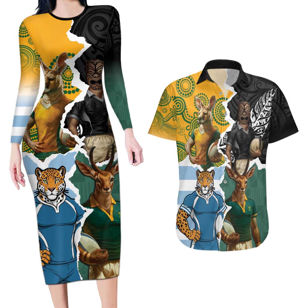 Personalised Rugby 2025 Championship Couples Matching Long Sleeve Bodycon Dress and Hawaiian Shirt Southern Hemisphere Countries Mascots - Polynesian Pride