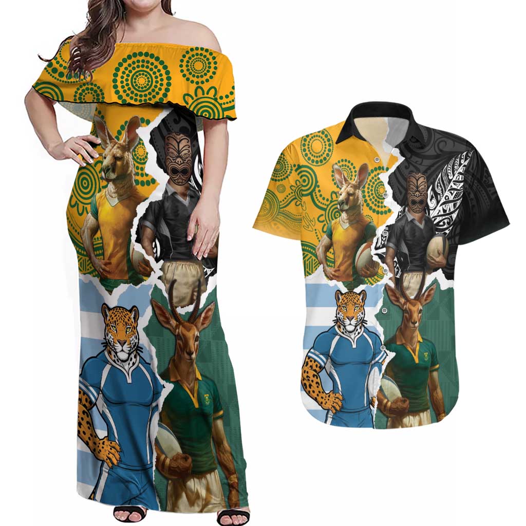 Personalised Rugby 2025 Championship Couples Matching Off Shoulder Maxi Dress and Hawaiian Shirt Southern Hemisphere Countries Mascots - Polynesian Pride