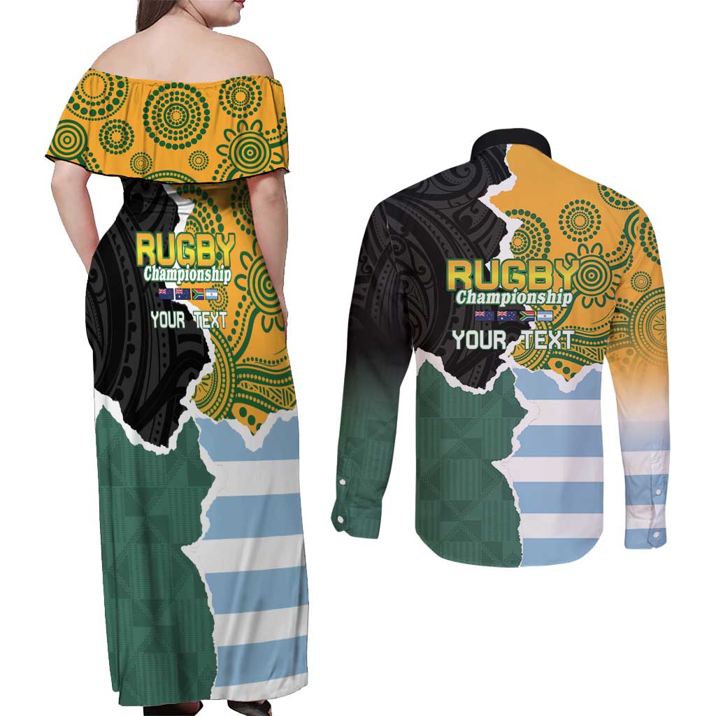 Personalised Rugby 2025 Championship Couples Matching Off Shoulder Maxi Dress and Long Sleeve Button Shirt Southern Hemisphere Countries Mascots - Polynesian Pride