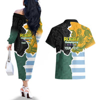 Personalised Rugby 2025 Championship Couples Matching Off The Shoulder Long Sleeve Dress and Hawaiian Shirt Southern Hemisphere Countries Mascots - Polynesian Pride