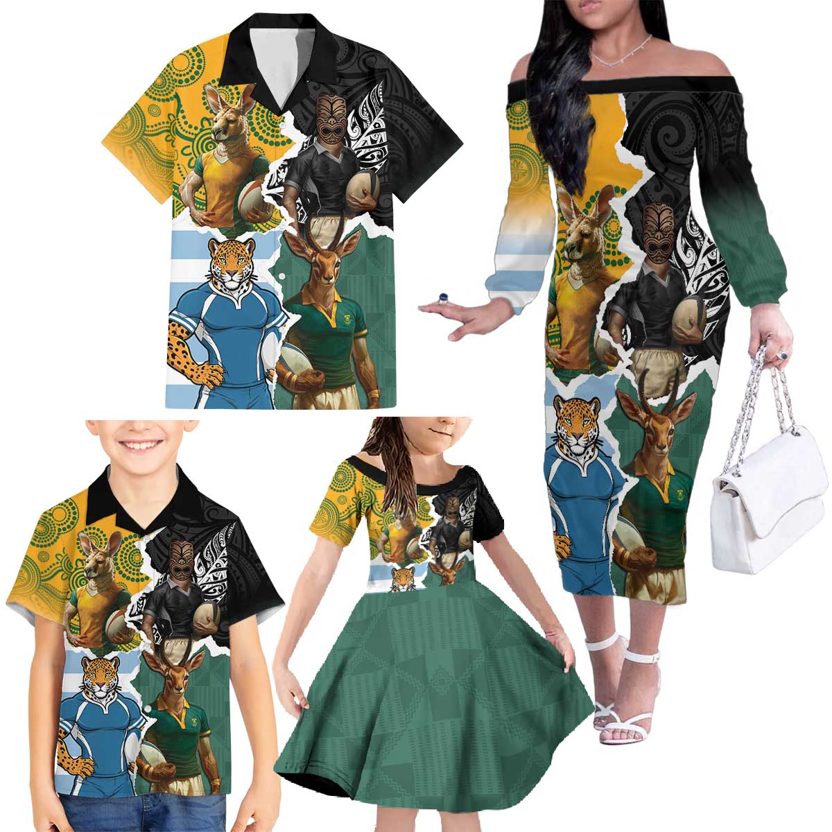 Personalised Rugby 2025 Championship Family Matching Off The Shoulder Long Sleeve Dress and Hawaiian Shirt Southern Hemisphere Countries Mascots - Polynesian Pride