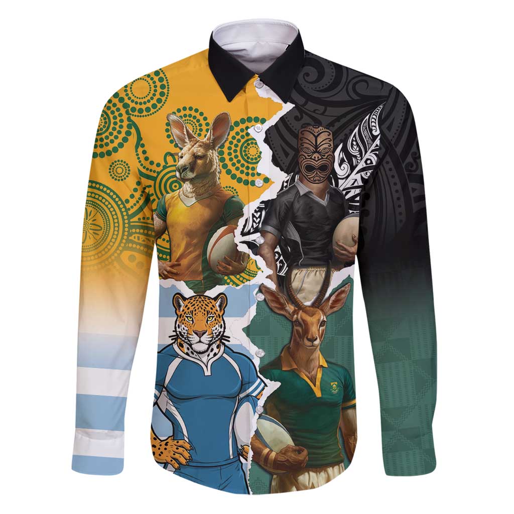 Personalised Rugby 2025 Championship Family Matching Puletasi and Hawaiian Shirt Southern Hemisphere Countries Mascots LT14 Dad's Shirt - Long Sleeve Black - Polynesian Pride