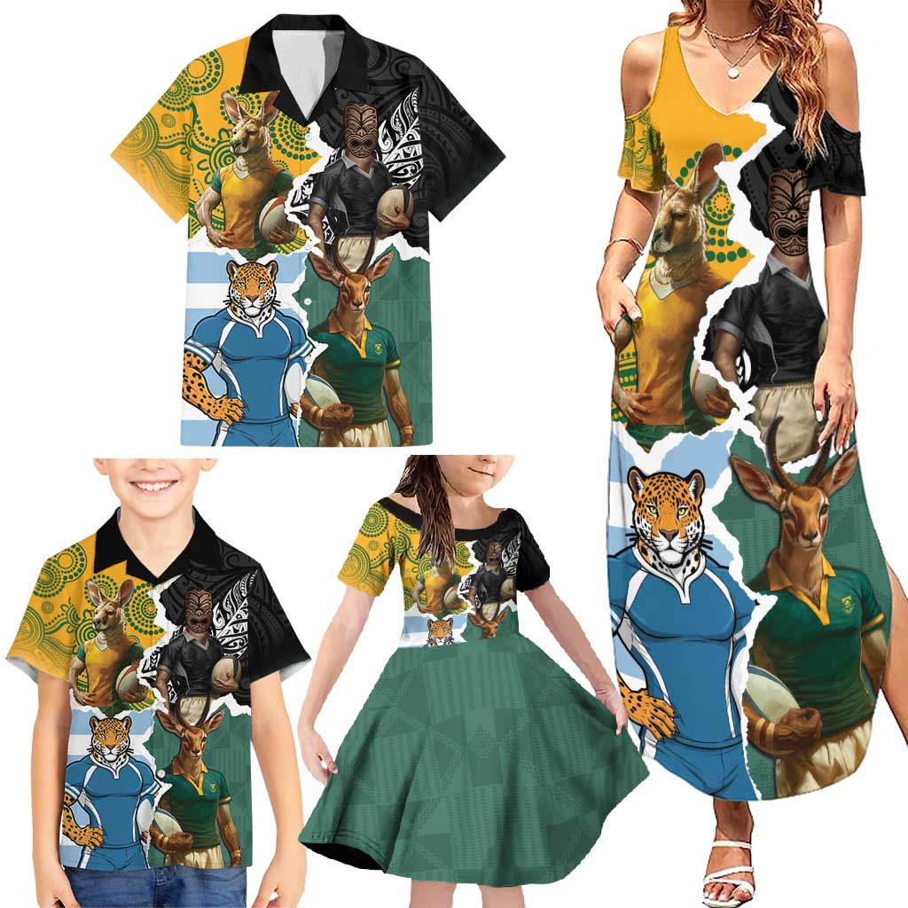 Personalised Rugby 2025 Championship Family Matching Summer Maxi Dress and Hawaiian Shirt Southern Hemisphere Countries Mascots - Polynesian Pride