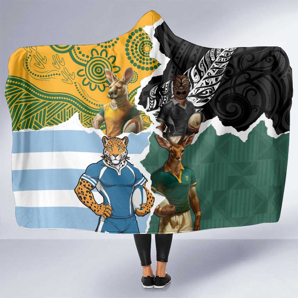 Rugby 2025 Championship Hooded Blanket Southern Hemisphere Countries Mascots LT14 One Size Black - Polynesian Pride