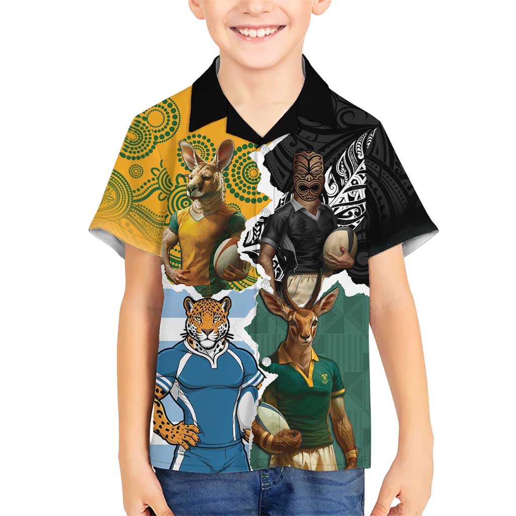 Personalised Rugby 2025 Championship Kid Hawaiian Shirt Southern Hemisphere Countries Mascots LT14 Kid Black - Polynesian Pride