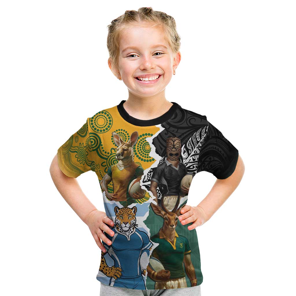 Personalised Rugby 2025 Championship Kid T Shirt Southern Hemisphere Countries Mascots LT14 Black - Polynesian Pride