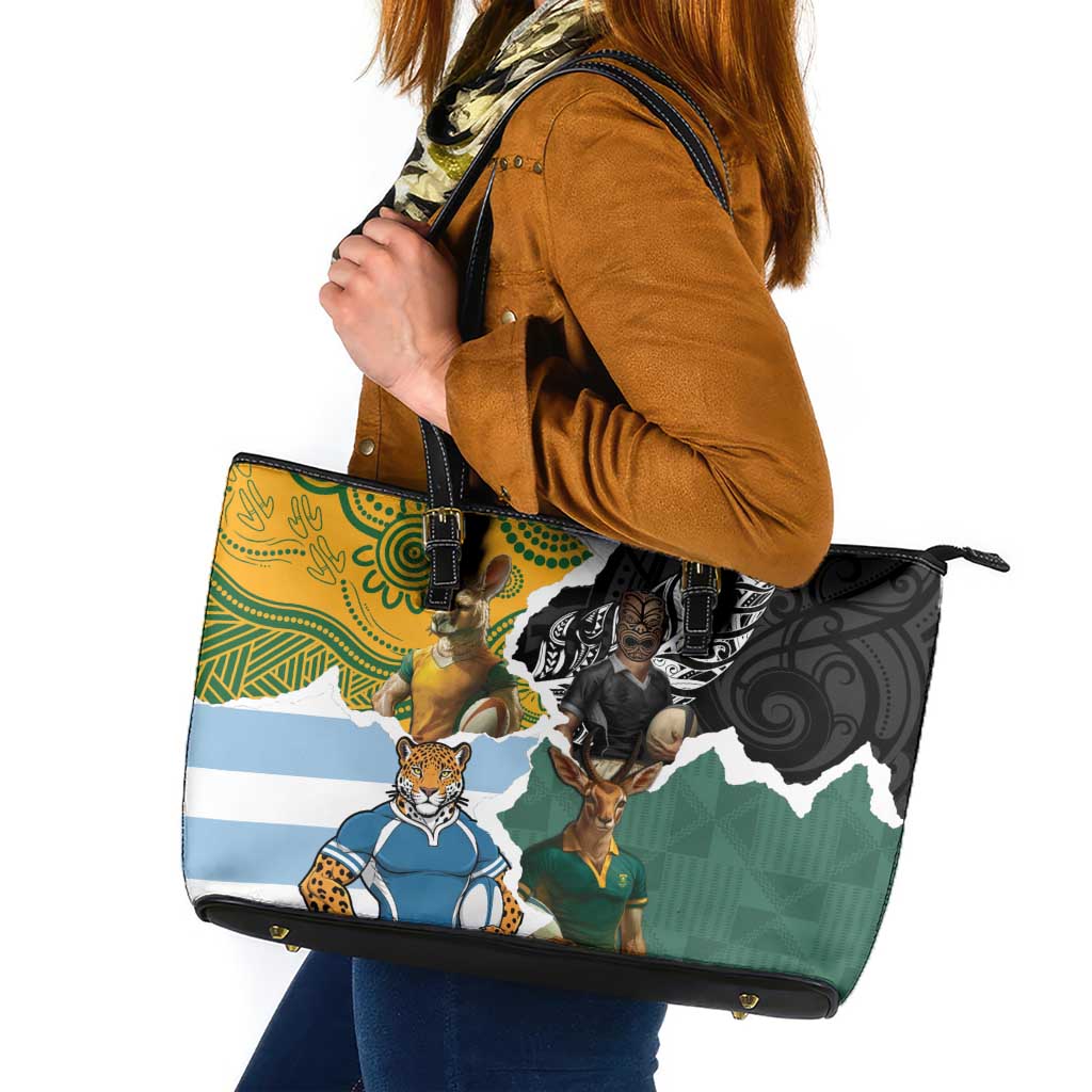 Rugby 2025 Championship Leather Tote Bag Southern Hemisphere Countries Mascots LT14 Black - Polynesian Pride