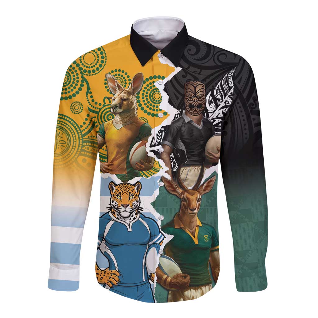 Personalised Rugby 2025 Championship Long Sleeve Button Shirt Southern Hemisphere Countries Mascots LT14 Unisex Black - Polynesian Pride
