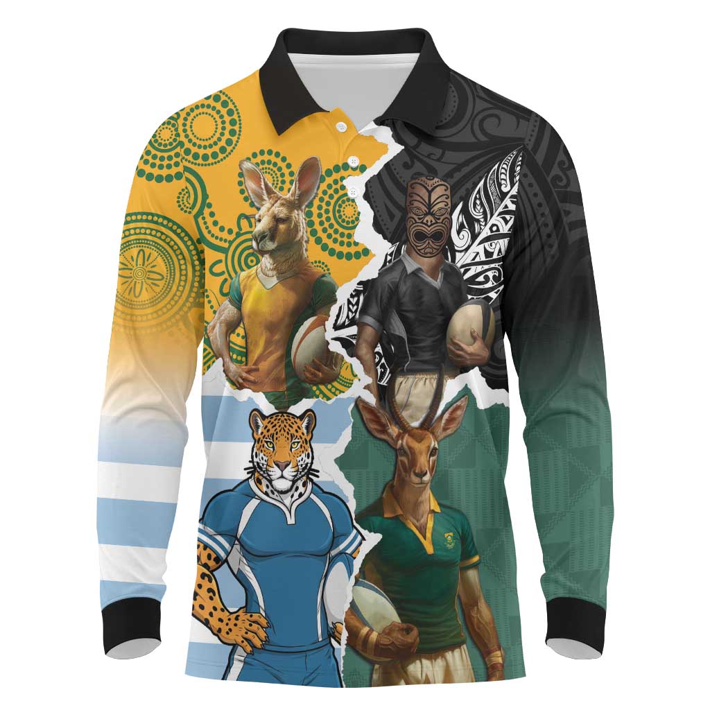 Personalised Rugby 2025 Championship Long Sleeve Polo Shirt Southern Hemisphere Countries Mascots - Polynesian Pride