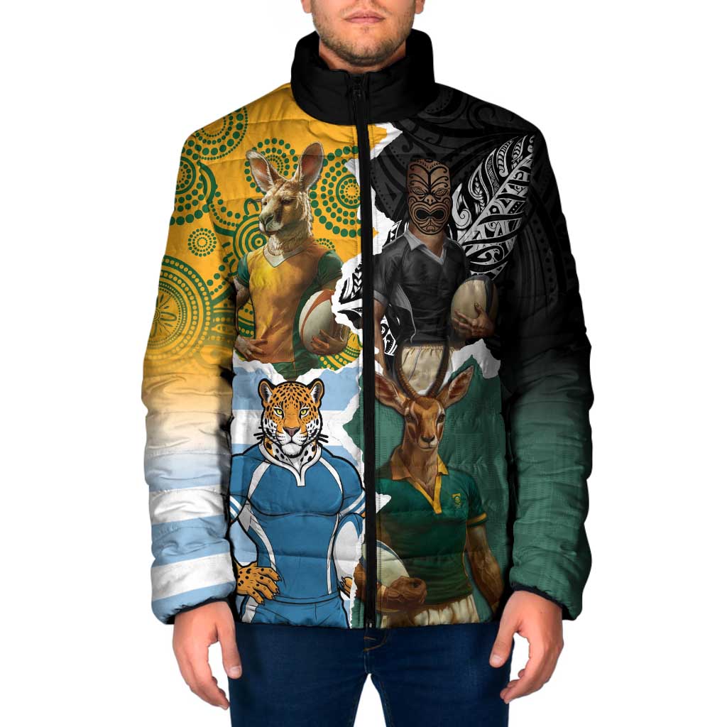 Personalised Rugby 2025 Championship Padded Jacket Southern Hemisphere Countries Mascots LT14 Men Black - Polynesian Pride