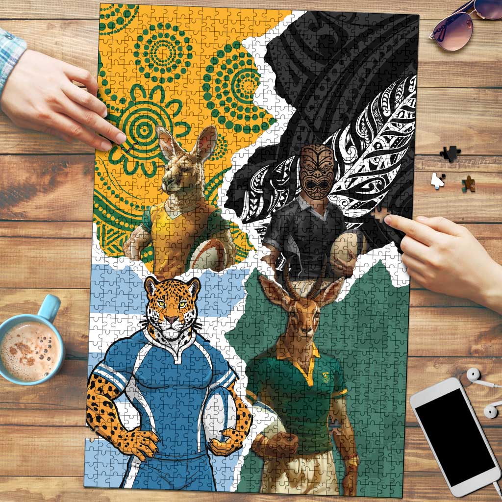 Rugby 2025 Championship Puzzle Southern Hemisphere Countries Mascots LT14 Black - Polynesian Pride