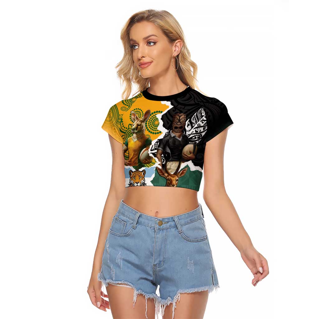 Personalised Rugby 2025 Championship Raglan Cropped T Shirt Southern Hemisphere Countries Mascots LT14 Female Black - Polynesian Pride