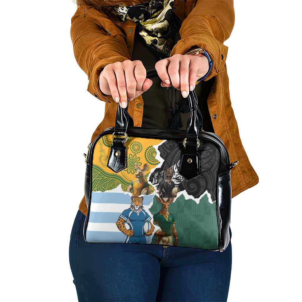 Rugby 2025 Championship Shoulder Handbag Southern Hemisphere Countries Mascots LT14 One Size Black - Polynesian Pride