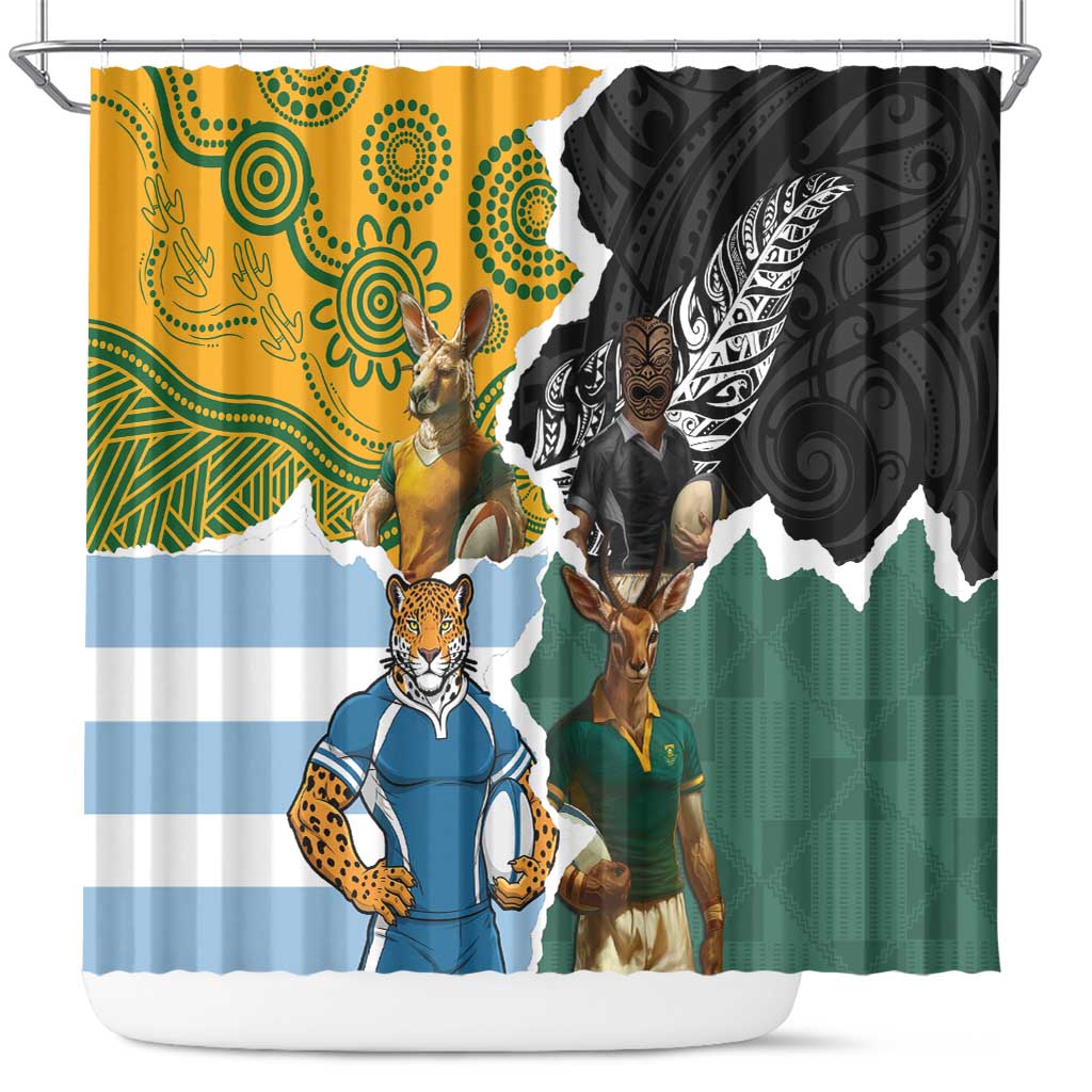 Rugby 2025 Championship Shower Curtain Southern Hemisphere Countries Mascots - Polynesian Pride