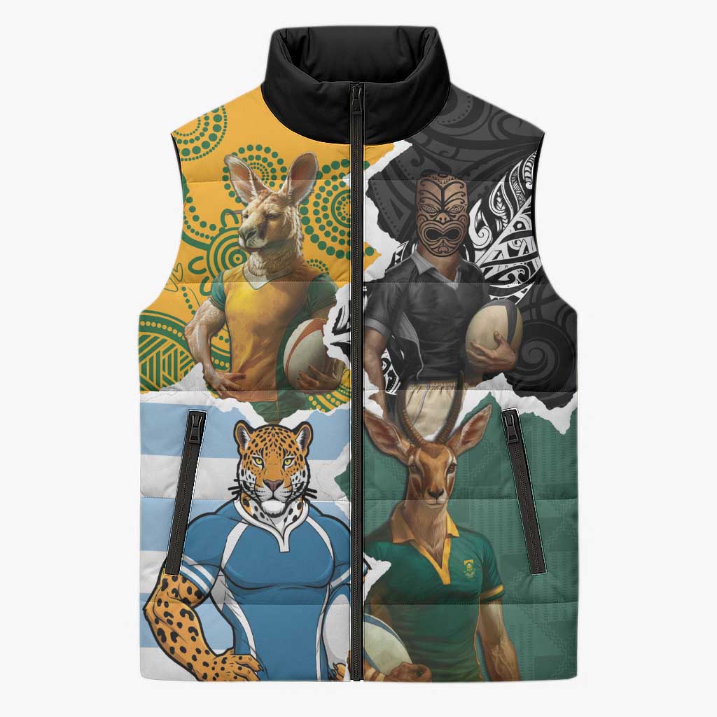 Personalised Rugby 2025 Championship Sleeveless Puffer Jacket Southern Hemisphere Countries Mascots LT14 Unisex Black - Polynesian Pride