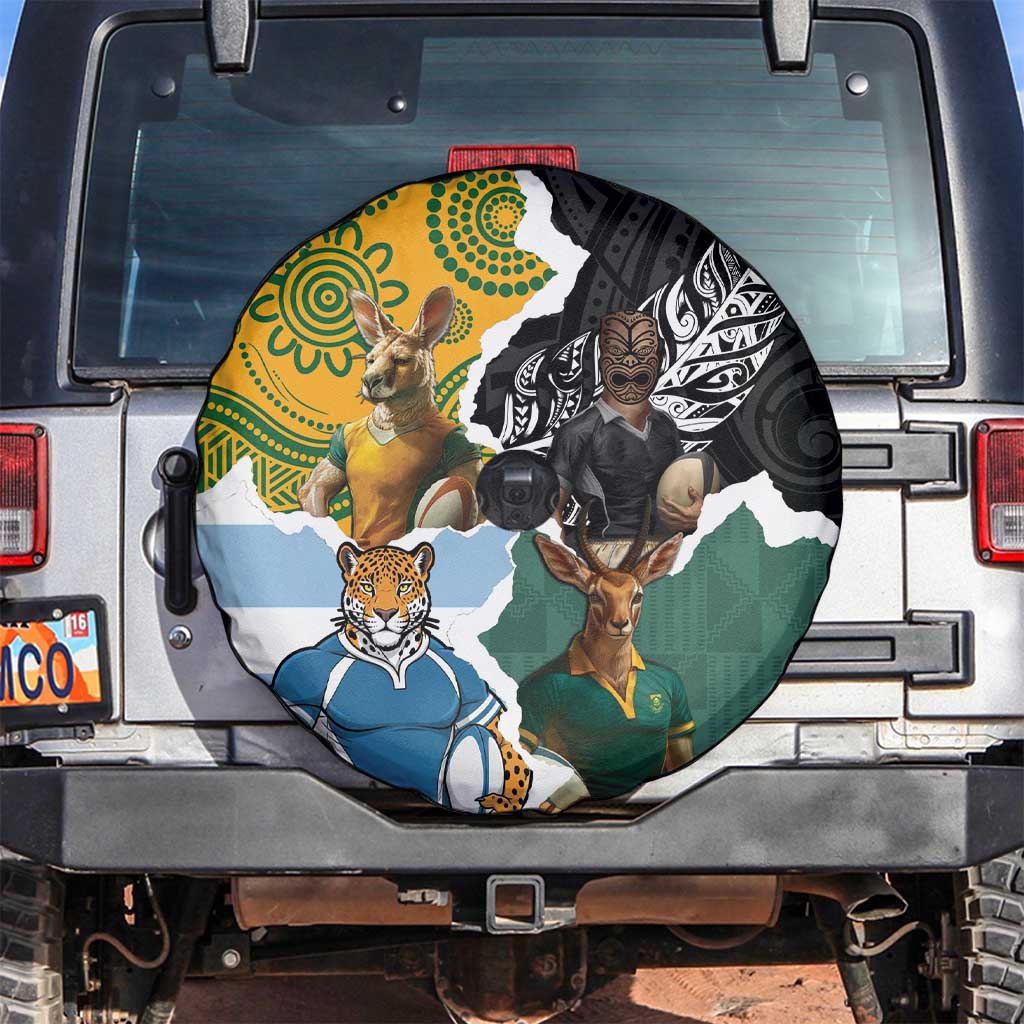 Rugby 2025 Championship Spare Tire Cover Southern Hemisphere Countries Mascots LT14 Black - Polynesian Pride