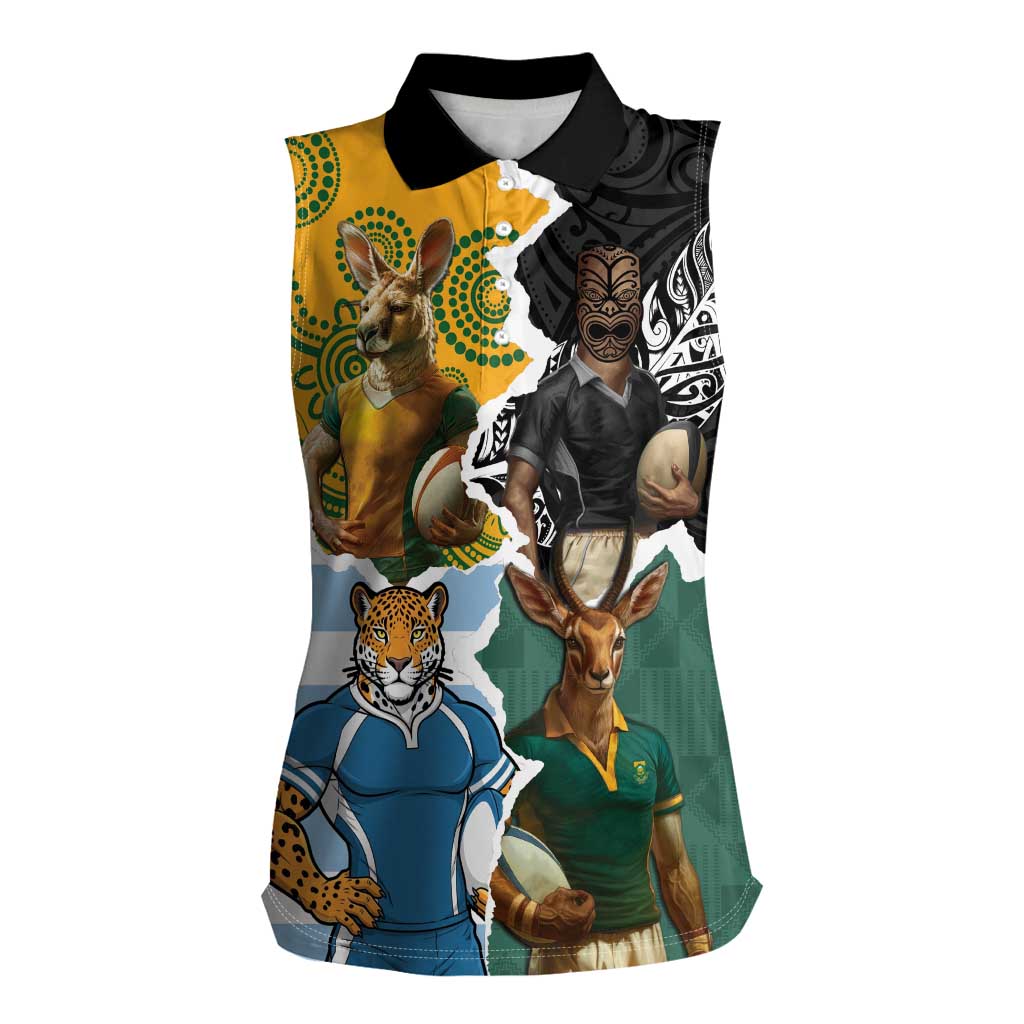 Personalised Rugby 2025 Championship Women Sleeveless Polo Shirt Southern Hemisphere Countries Mascots LT14 Female Black - Polynesian Pride