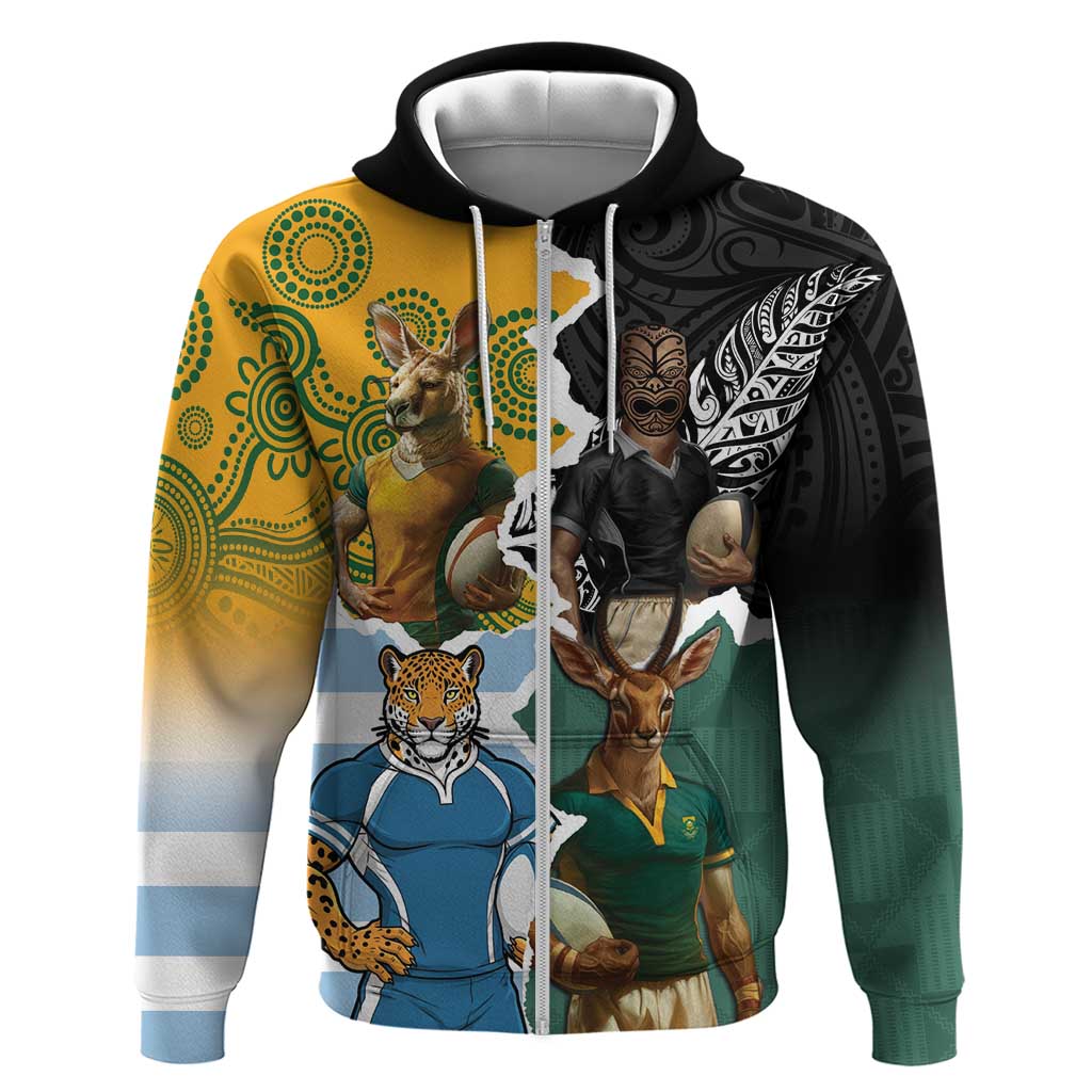 Personalised Rugby 2025 Championship Zip Hoodie Southern Hemisphere Countries Mascots LT14 Zip Hoodie Black - Polynesian Pride