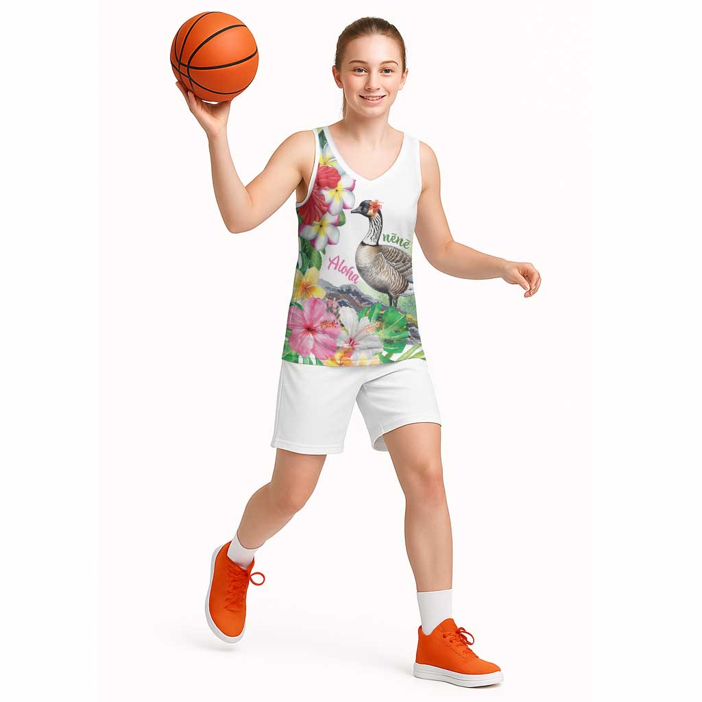 Aloha Hawaii Nene Goose Basketball Jersey Tropical Flowers Watercolor Stylized - Polynesian Pride