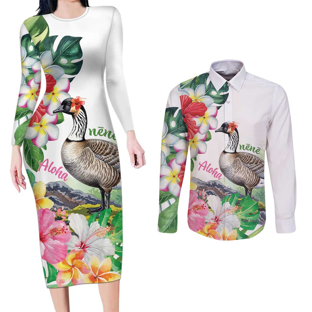 Aloha Hawaii Nene Goose Couples Matching Long Sleeve Bodycon Dress and Long Sleeve Button Shirt Tropical Flowers Watercolor Stylized - Polynesian Pride