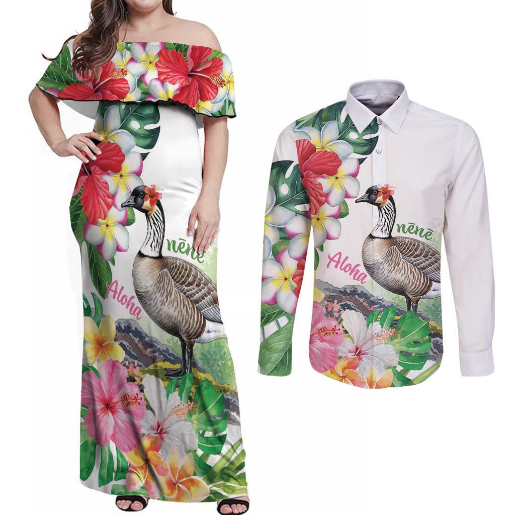 Aloha Hawaii Nene Goose Couples Matching Off Shoulder Maxi Dress and Long Sleeve Button Shirt Tropical Flowers Watercolor Stylized - Polynesian Pride