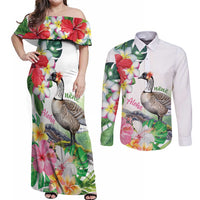 Aloha Hawaii Nene Goose Couples Matching Off Shoulder Maxi Dress and Long Sleeve Button Shirt Tropical Flowers Watercolor Stylized - Polynesian Pride