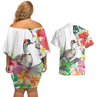 Aloha Hawaii Nene Goose Couples Matching Off Shoulder Short Dress and Hawaiian Shirt Tropical Flowers Watercolor Stylized - Polynesian Pride
