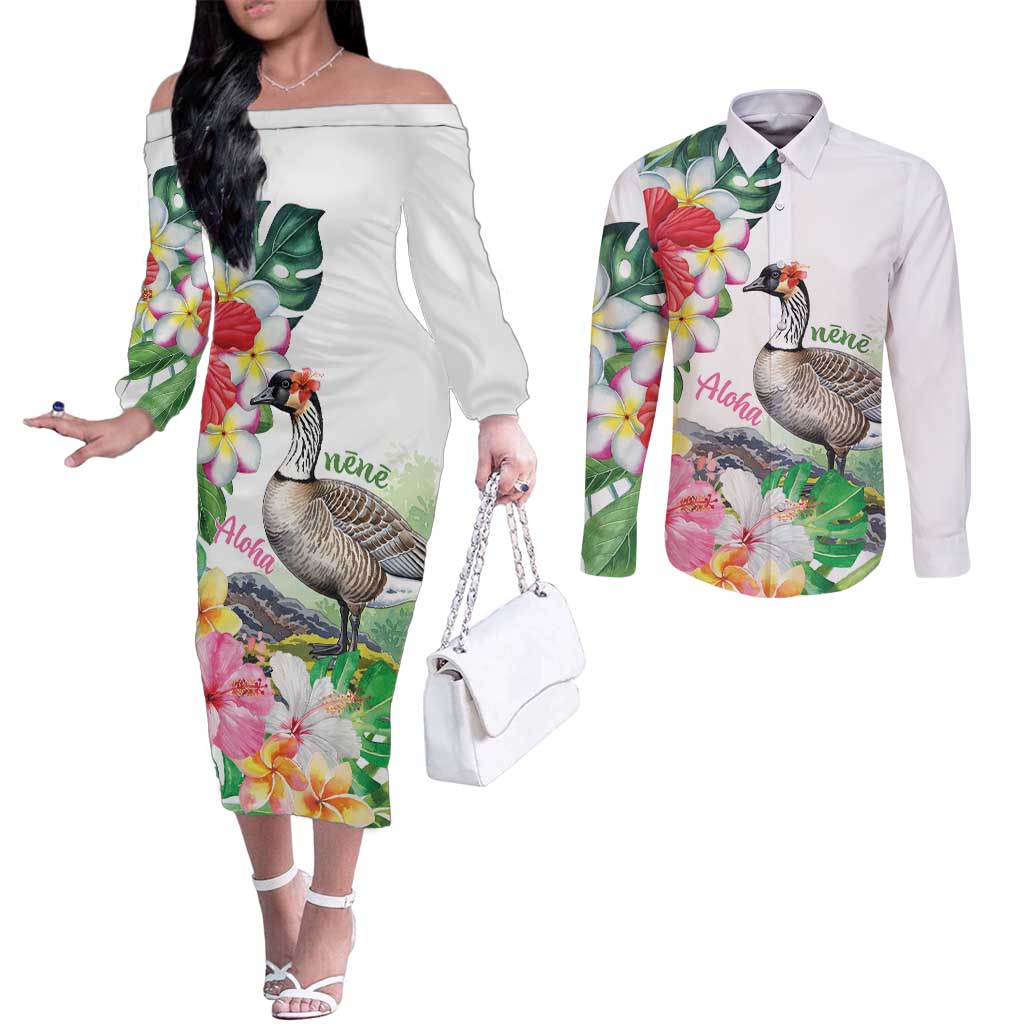 Aloha Hawaii Nene Goose Couples Matching Off The Shoulder Long Sleeve Dress and Long Sleeve Button Shirt Tropical Flowers Watercolor Stylized - Polynesian Pride