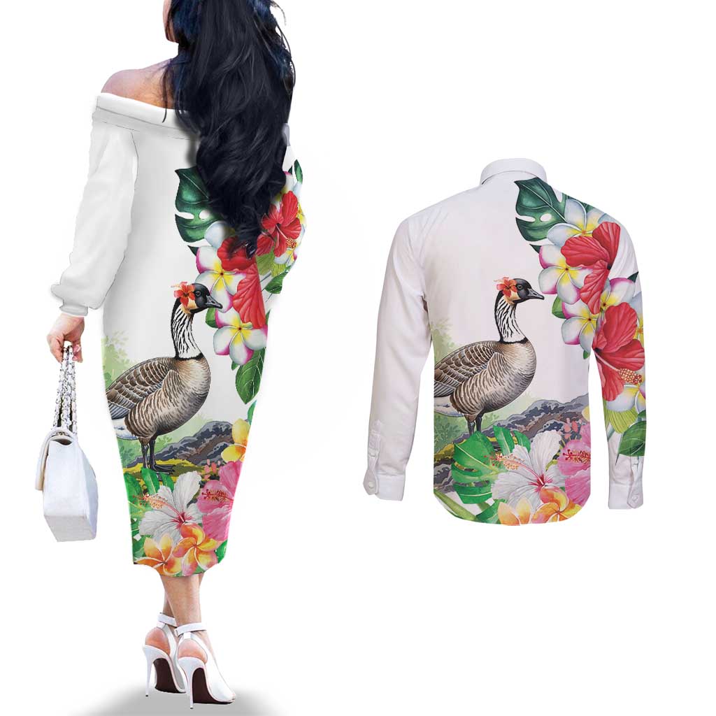 Aloha Hawaii Nene Goose Couples Matching Off The Shoulder Long Sleeve Dress and Long Sleeve Button Shirt Tropical Flowers Watercolor Stylized - Polynesian Pride