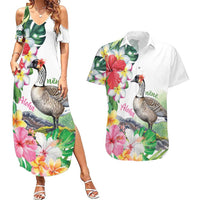 Aloha Hawaii Nene Goose Couples Matching Summer Maxi Dress and Hawaiian Shirt Tropical Flowers Watercolor Stylized - Polynesian Pride