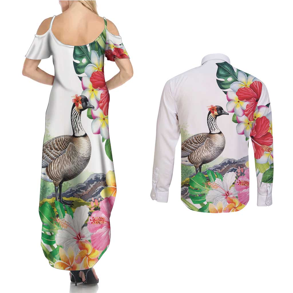Aloha Hawaii Nene Goose Couples Matching Summer Maxi Dress and Long Sleeve Button Shirt Tropical Flowers Watercolor Stylized - Polynesian Pride