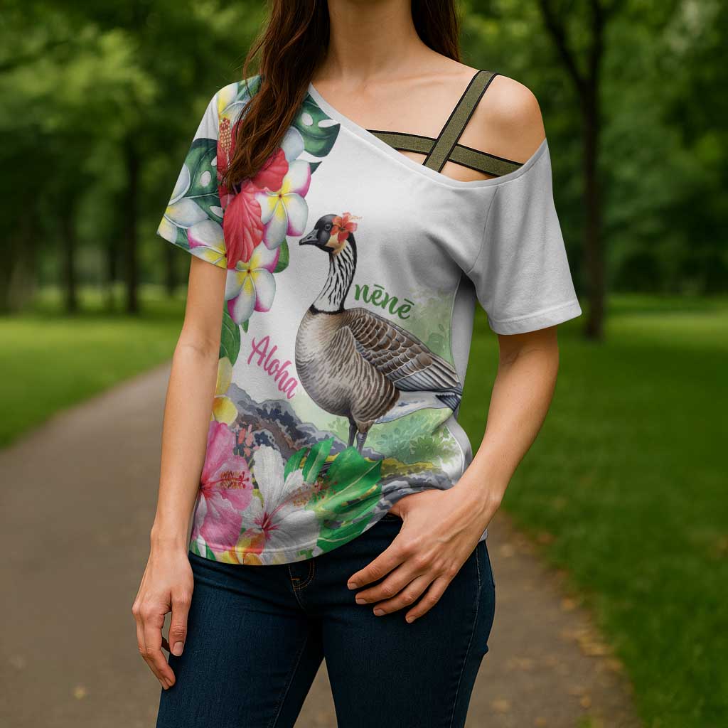 Aloha Hawaii Nene Goose Cross Shoulder Shirt Tropical Flowers Watercolor Stylized - Polynesian Pride