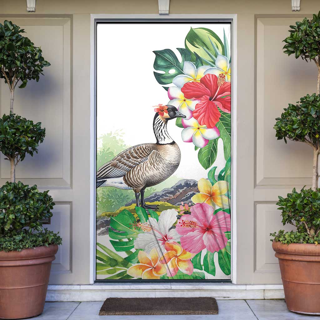 Aloha Hawaii Nene Goose Door Cover Tropical Flowers Watercolor Stylized - Polynesian Pride