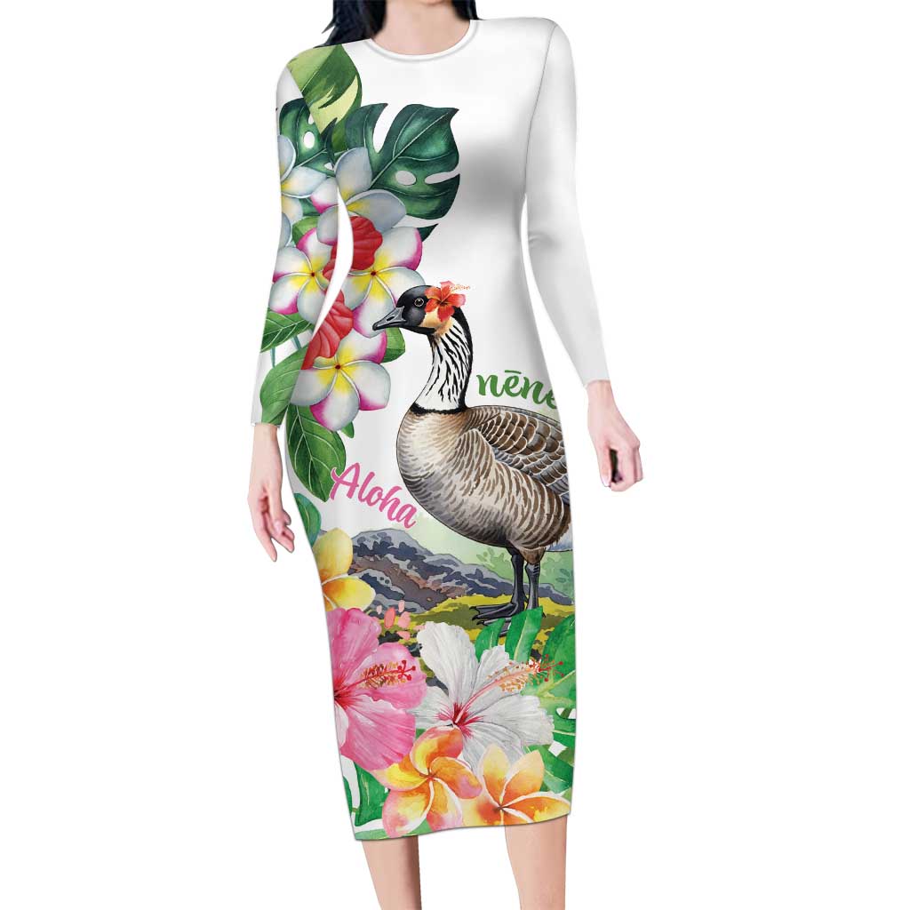 Aloha Hawaii Nene Goose Family Matching Long Sleeve Bodycon Dress and Hawaiian Shirt Tropical Flowers Watercolor Stylized - Polynesian Pride