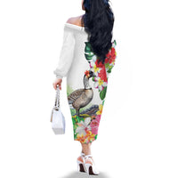 Aloha Hawaii Nene Goose Family Matching Off The Shoulder Long Sleeve Dress and Hawaiian Shirt Tropical Flowers Watercolor Stylized - Polynesian Pride