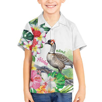 Aloha Hawaii Nene Goose Family Matching Off Shoulder Short Dress and Hawaiian Shirt Tropical Flowers Watercolor Stylized - Polynesian Pride