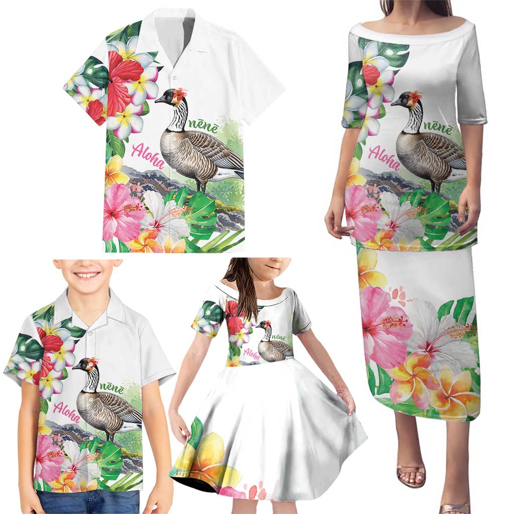 Aloha Hawaii Nene Goose Family Matching Puletasi and Hawaiian Shirt Tropical Flowers Watercolor Stylized - Polynesian Pride
