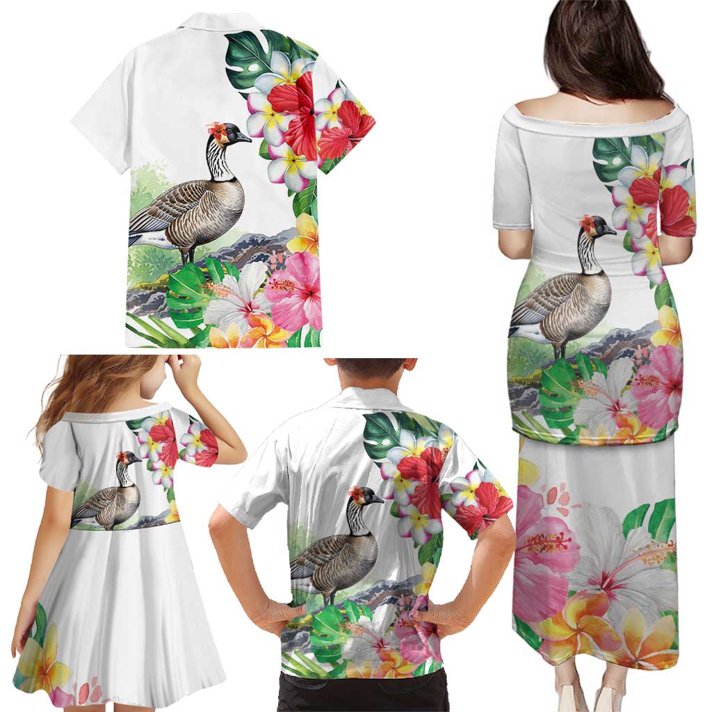 Aloha Hawaii Nene Goose Family Matching Puletasi and Hawaiian Shirt Tropical Flowers Watercolor Stylized - Polynesian Pride