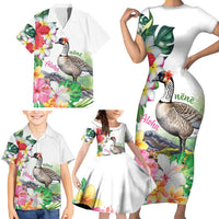 Aloha Hawaii Nene Goose Family Matching Short Sleeve Bodycon Dress and Hawaiian Shirt Tropical Flowers Watercolor Stylized - Polynesian Pride