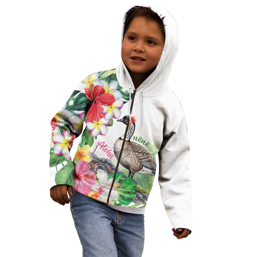 Aloha Hawaii Nene Goose Kid Hoodie Tropical Flowers Watercolor Stylized - Polynesian Pride