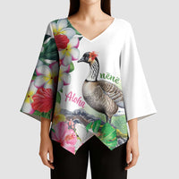 Aloha Hawaii Nene Goose Kimono Sleeve Blouse Tropical Flowers Watercolor Stylized - Polynesian Pride