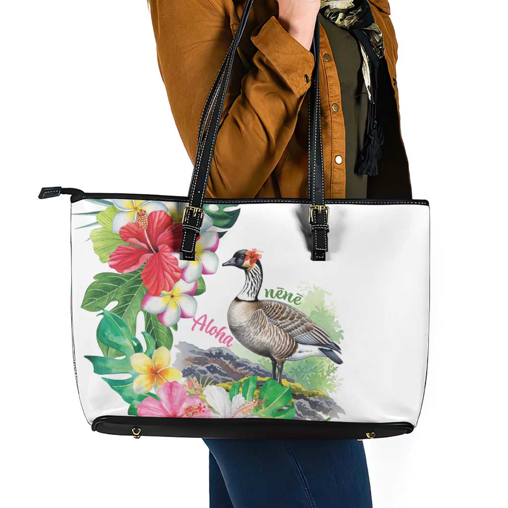 Aloha Hawaii Nene Goose Leather Tote Bag Tropical Flowers Watercolor Stylized - Polynesian Pride