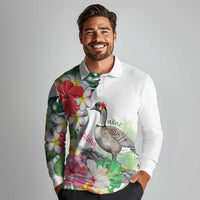 Aloha Hawaii Nene Goose Long Sleeve Polo Shirt Tropical Flowers Watercolor Stylized - Polynesian Pride