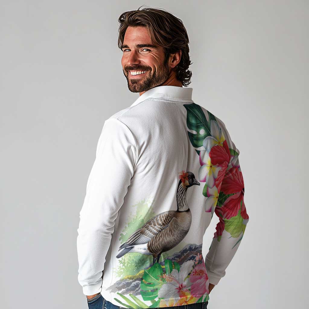 Aloha Hawaii Nene Goose Long Sleeve Polo Shirt Tropical Flowers Watercolor Stylized - Polynesian Pride
