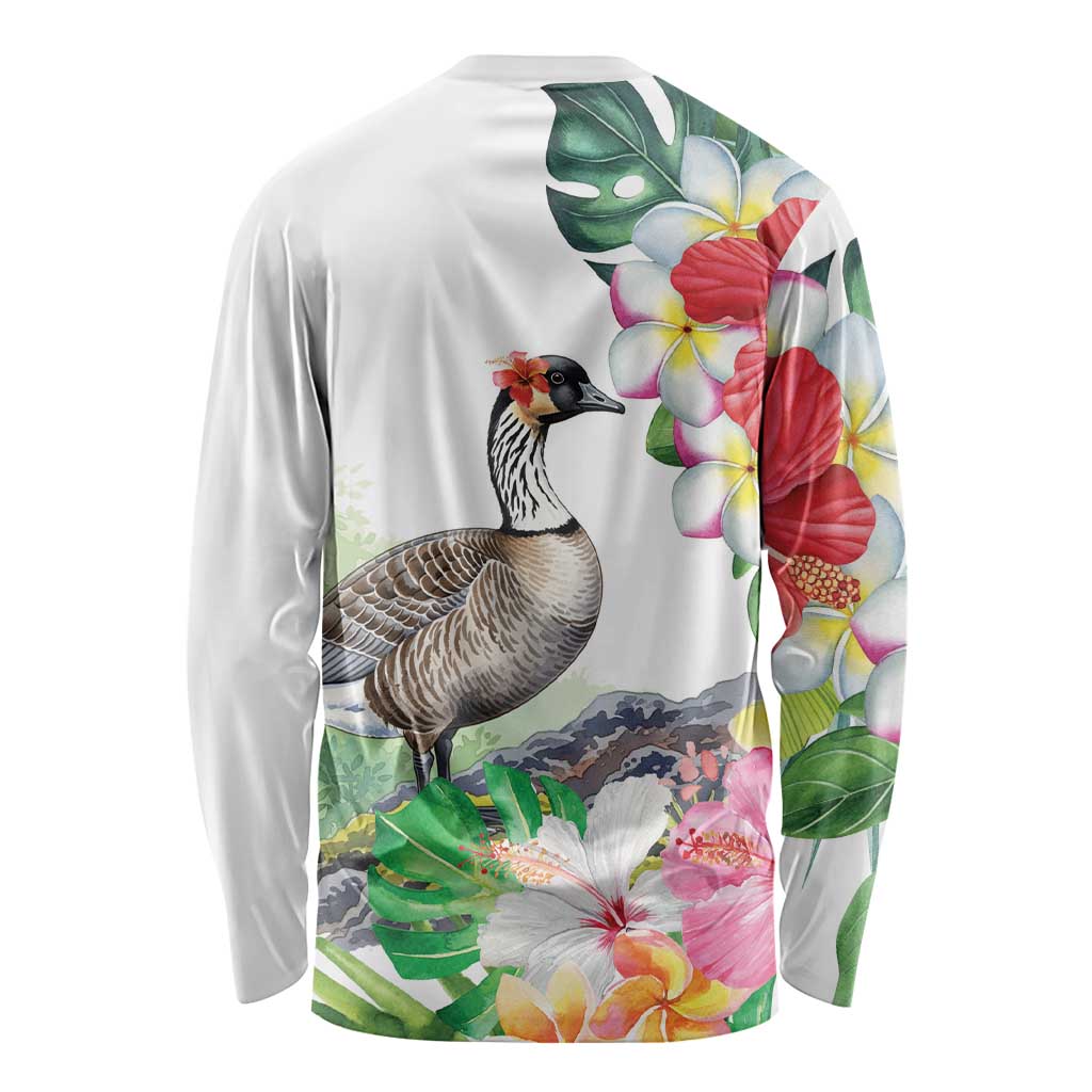 Aloha Hawaii Nene Goose Long Sleeve Shirt Tropical Flowers Watercolor Stylized - Polynesian Pride