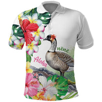 Aloha Hawaii Nene Goose Polo Shirt Tropical Flowers Watercolor Stylized - Polynesian Pride