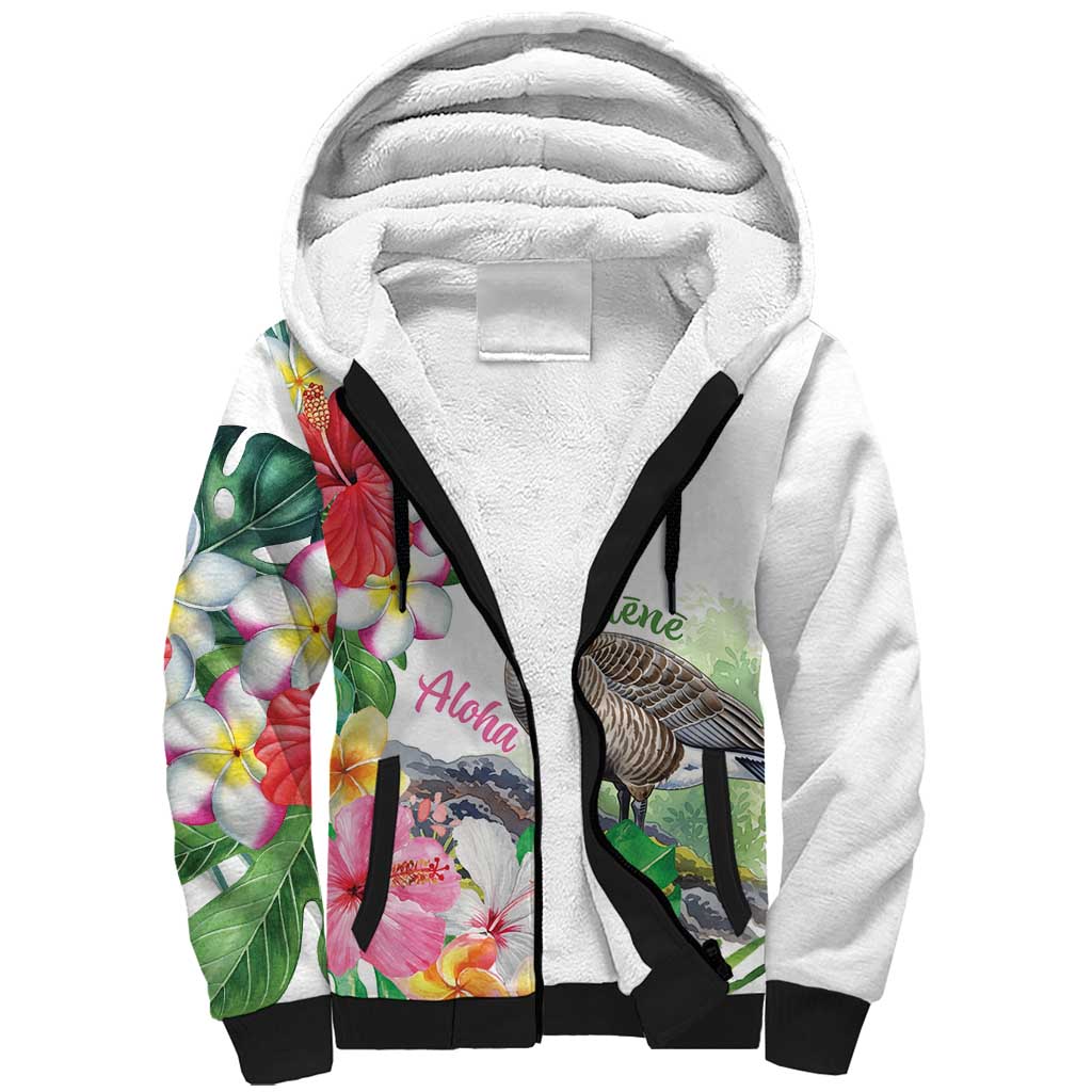 Aloha Hawaii Nene Goose Sherpa Hoodie Tropical Flowers Watercolor Stylized - Polynesian Pride