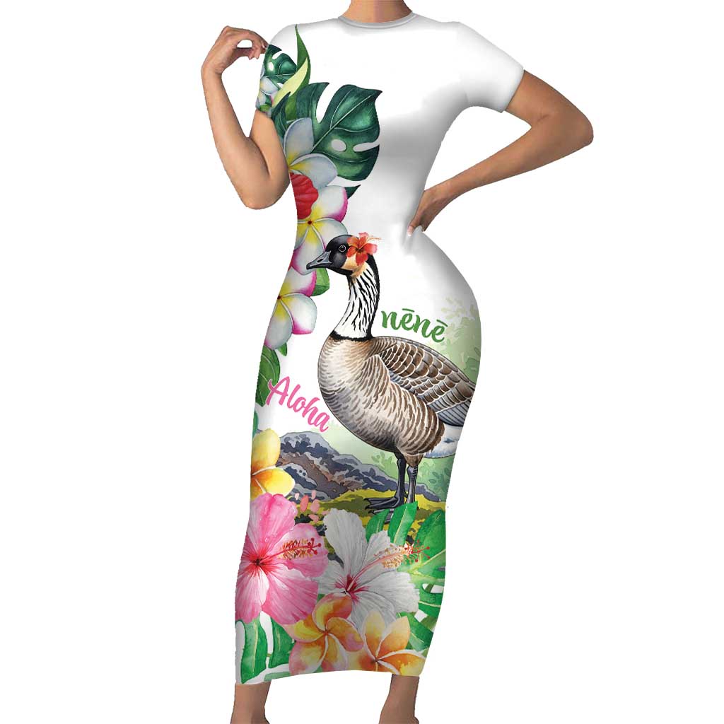 Aloha Hawaii Nene Goose Short Sleeve Bodycon Dress Tropical Flowers Watercolor Stylized - Polynesian Pride