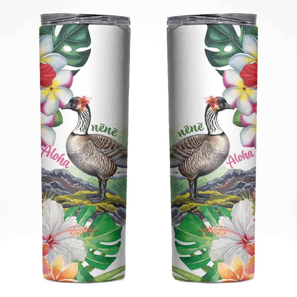 Aloha Hawaii Nene Goose Skinny Tumbler Tropical Flowers Watercolor Stylized - Polynesian Pride